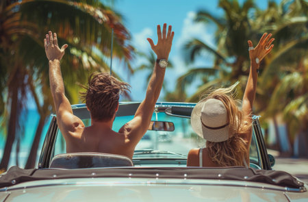 A couple is seen celebrating on a tropical vacation, driving a convertible car with their arms in the air.の素材