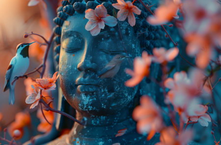 A close-up shot of a white Buddha statue surrounded by a blooming pink cherry blossom tree and white birds.の素材