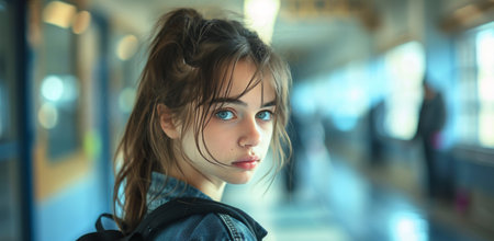 A young blonde woman with blue eyes looks at the camera while standing in a building. She has her hair pulled back in a ponytail.の素材