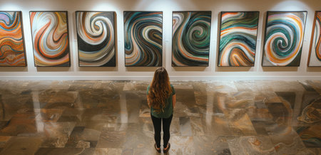 A woman stands in a gallery, admiring a row of abstract paintings.の素材