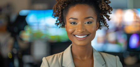A smiling young businesswoman with curly hair stands in a modern office.の素材