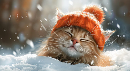 A cat wearing an orange hat with a fluffy pom-pom rests in the snow, eyes closed, enjoying the snowfall.の素材