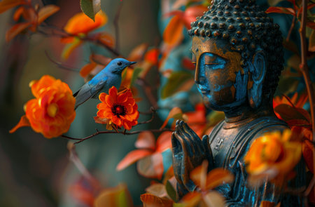 A close-up of a weathered Buddha statue with a blue bird perched on a branch of autumn leaves. The image captures a sense of peace and tranquility.の素材