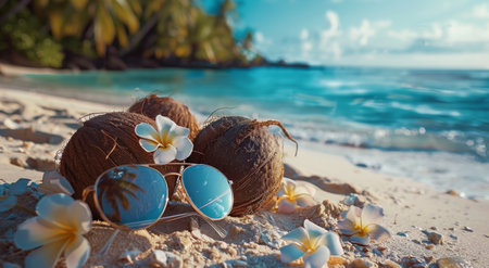 Coconuts and flowers sit on a pristine white sand beach in the tropics, with sunglasses resting atop them. The turquoise ocean shimmers in the background, hinting at a perfect vacation destination.の素材