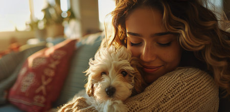 A woman with long curly hair holds a small white dog in her arms while smiling. The setting appears to be indoors, perhaps a living room.の素材