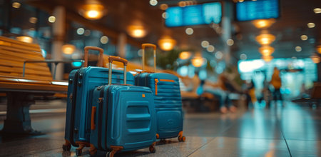 Three blue suitcases are lined up on a bench in an empty airport terminal.の素材