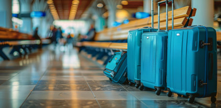 Three blue suitcases are lined up on a bench in an empty airport terminal.の素材