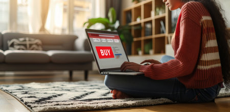 A woman sits on a rug in her living room, using a laptop to shop online. The laptop screen shows a red buy button.の素材