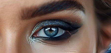 A close-up shot of a womans eye with blue eyeshadow and glitter.の素材