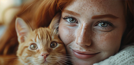 A close-up portrait of a woman with red hair and freckles smiling at the camera while holding a ginger cat.の素材