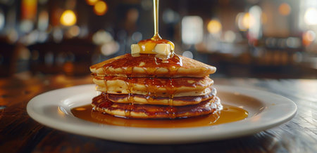 Close-up shot of a stack of golden brown pancakes being drizzled with syrup and topped with a pat of butter.の素材