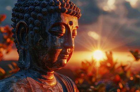 A close-up of a weathered Buddha statue with a blue bird perched on a branch of autumn leaves. The image captures a sense of peace and tranquility.の素材