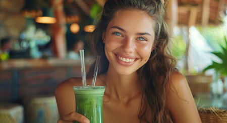 A woman with long brown hair and blue eyes smiles brightly as she holds a green smoothie with two straws.の素材