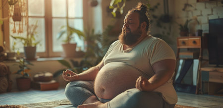 A bearded, animated character sits in a meditative pose in a colorful, Asian-inspired setting.の素材