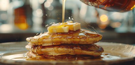 Close-up shot of a stack of golden brown pancakes being drizzled with syrup and topped with a pat of butter.の素材