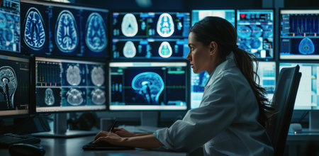 A female scientist wearing headphones analyzes brain scans displayed on computer monitors in a modern lab.の素材