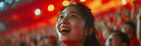 A young woman with long black hair smiles brightly, looking up at an event in the evening. Blurry lights and the crowd are visible in the background.の素材