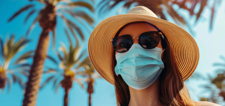 A woman wearing a straw hat and sunglasses is seen looking up while wearing a blue face mask in front of a palm tree grove.の素材