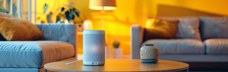 A white smart speaker sits on a wooden coffee table in a living room with a gray couch and a yellow wall in the background.の素材