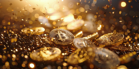 A close-up shot of several gold Bitcoin coins scattered on a dark surface, illuminated by warm, sparkly lights.の素材