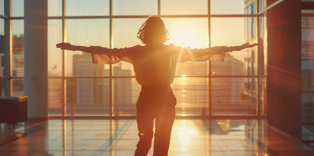 A woman stands in front of a large window with her arms outstretched, bathed in the warm light of the setting sun.の素材