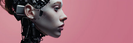 A close-up profile view of a mechanical humanoid robot with exposed wires and gears, set against a pink background.の素材