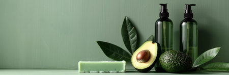 Avocado, green leaves, soap bar, and bottles of liquid product on a green background.の素材