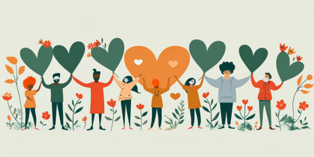 A diverse group of people, both male and female, are standing in a garden holding heart-shaped balloons. They are smiling and happy, creating a sense of community and unity.の素材