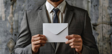 A man wearing a suit and tie holds a blank white envelope in front of a gray wall.の素材