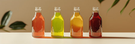 Four glass bottles of different colored beverages stand in a row on a beige background.の素材