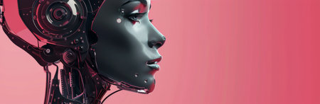 A close-up profile shot of a woman's face, with glowing digital lines and circuits overlaying her skin, against a pink background.の素材