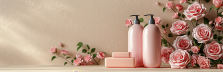 Two pink pump bottles on a white marble surface surrounded by pink roses.の素材