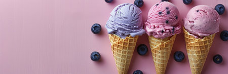 Three ice cream cones with blueberry-flavored ice cream and one cone with strawberry ice cream, all on a pink background with scattered blueberries.の素材