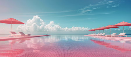 A serene tropical oasis with a pink tiled pool surrounded by white loungers and red umbrellas under a bright blue sky.の素材