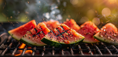 Close-up of grilled watermelon slices with herbs and spices cooking on a hot grill.の素材