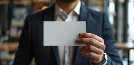 A man in a blue suit holds out a blank white card in a cafe setting.の素材