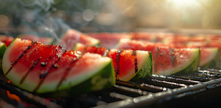 Close-up of grilled watermelon slices with herbs and spices cooking on a hot grill.の素材