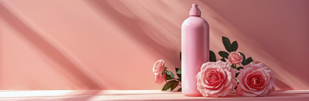 Two bottles of pink lotion with pumps sit on a white shelf with several pink roses and a bottle of pink perfume.の素材