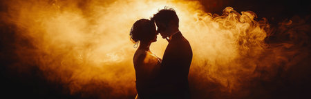 A bride and groom embrace in a cloud of smoke during their wedding reception.の素材