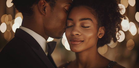 A couple embraces during the golden hour at a nighttime event, with blurred lights creating a warm, romantic atmosphere.の素材