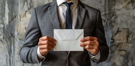 A man wearing a suit and tie holds a blank white envelope in front of a gray wall.の素材