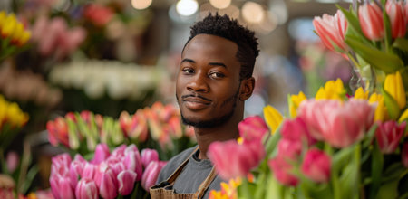 A man in a brown apron smiles warmly while working among vibrant pink, yellow, and orange tulips at a bustling flower market.の素材