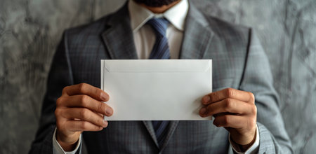 A man wearing a suit and tie holds a blank white envelope in front of a gray wall.の素材