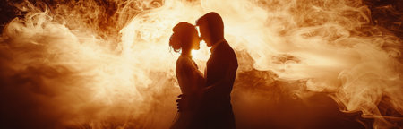 A newly married couple embraces in a cloud of smoke, surrounded by golden light at their wedding reception.の素材