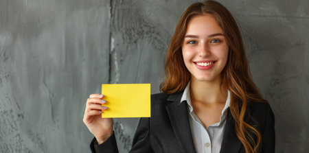 A smiling woman with blue eyes holds a blank yellow paper in front of a gray, textured wall.の素材