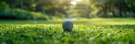A single golf ball rests on a patch of green grass with a blurred background of trees and sunlight.の素材