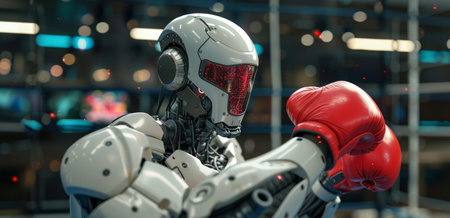 A white, robotic fighter with red eyes wears red boxing gloves while standing in a boxing ring.の素材