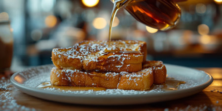 A plate of golden French toast is being drizzled with syrup as the sun sets in the background.の素材