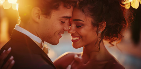 A couple embraces during the golden hour at a nighttime event, with blurred lights creating a warm, romantic atmosphere.の素材