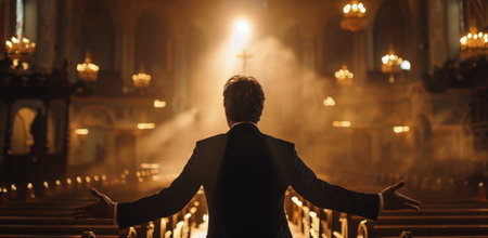 A man in a suit stands with his arms outstretched in front of a dimly lit church interior.の素材
